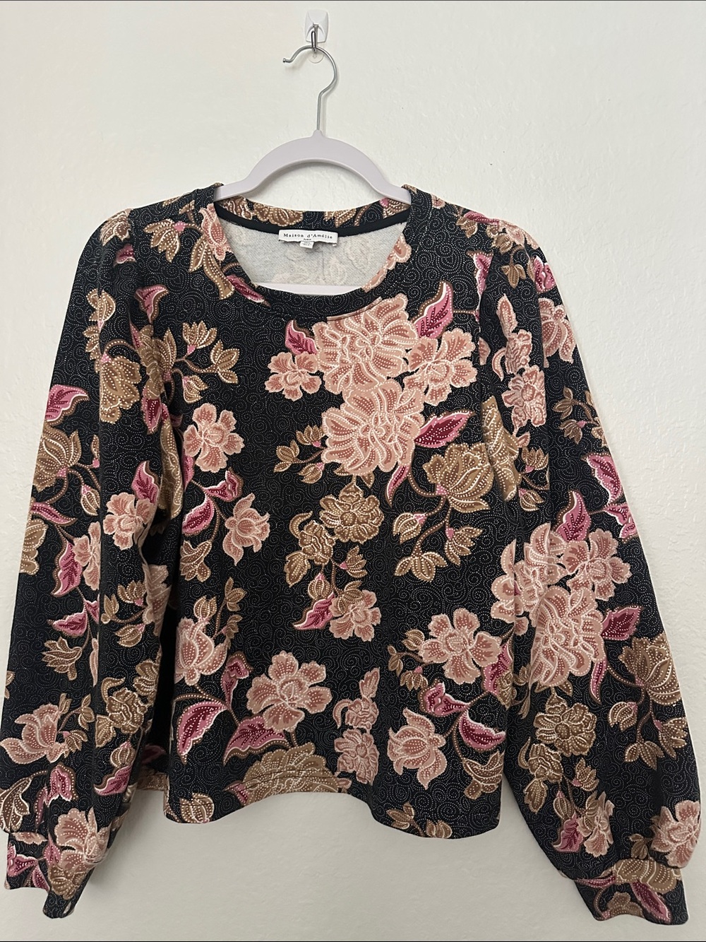 Floral Puff-Sleeve Sweatshirt - Black Pink Tan